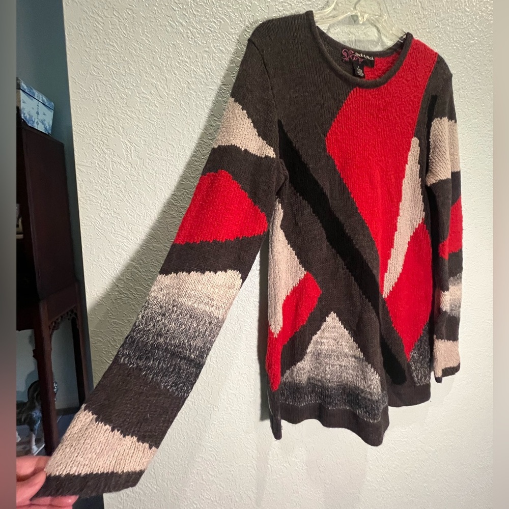 Peck & Peck Beautiful Gray & Red Color Block Tuni… - image 4